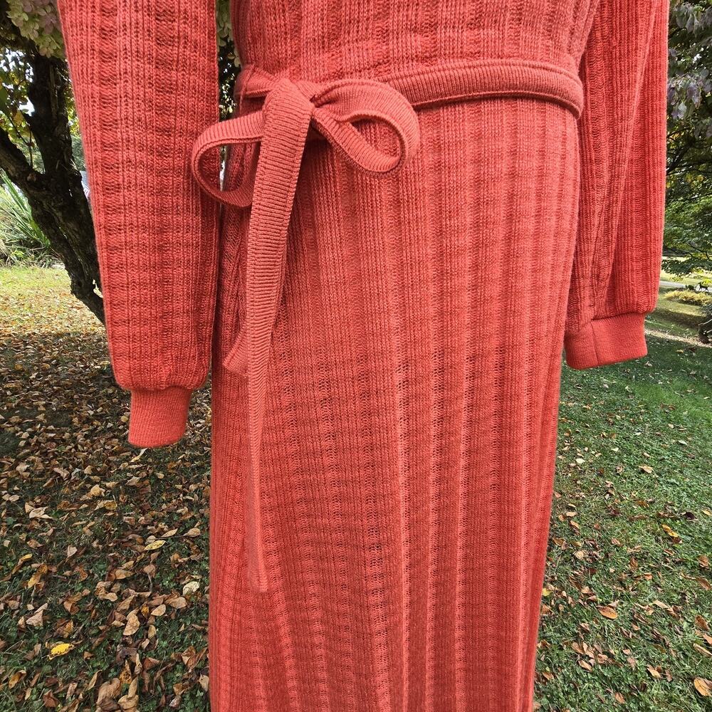 60s 70s Orange Long Sleeve Waffle Knit Dress Vintage‎ Midi Soft Belted V Neck - Picture 3 of 10